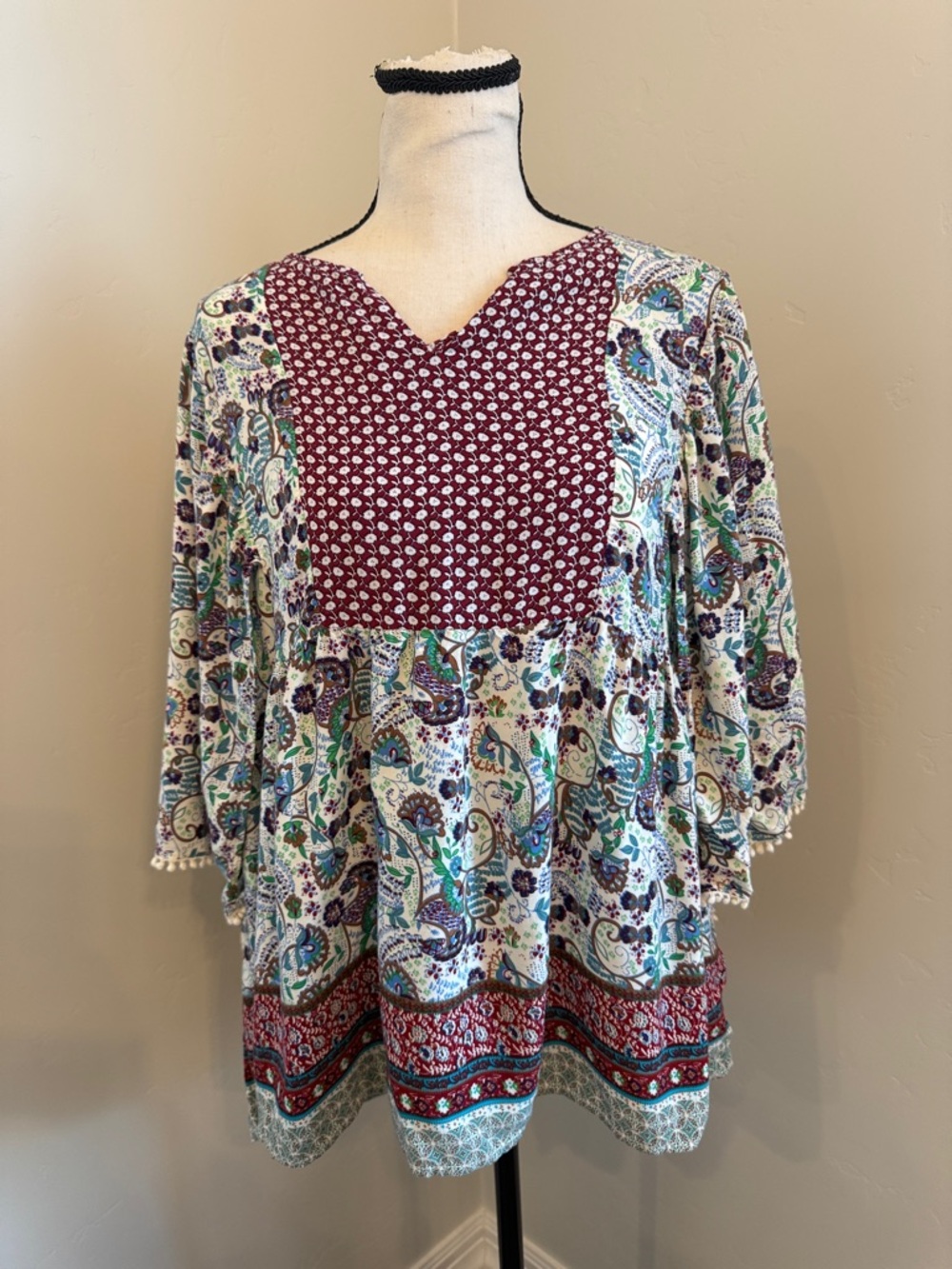 Umgee Boho Tunic Top Large Paisley Floral Wide Sleeve Pom Trim Flowy